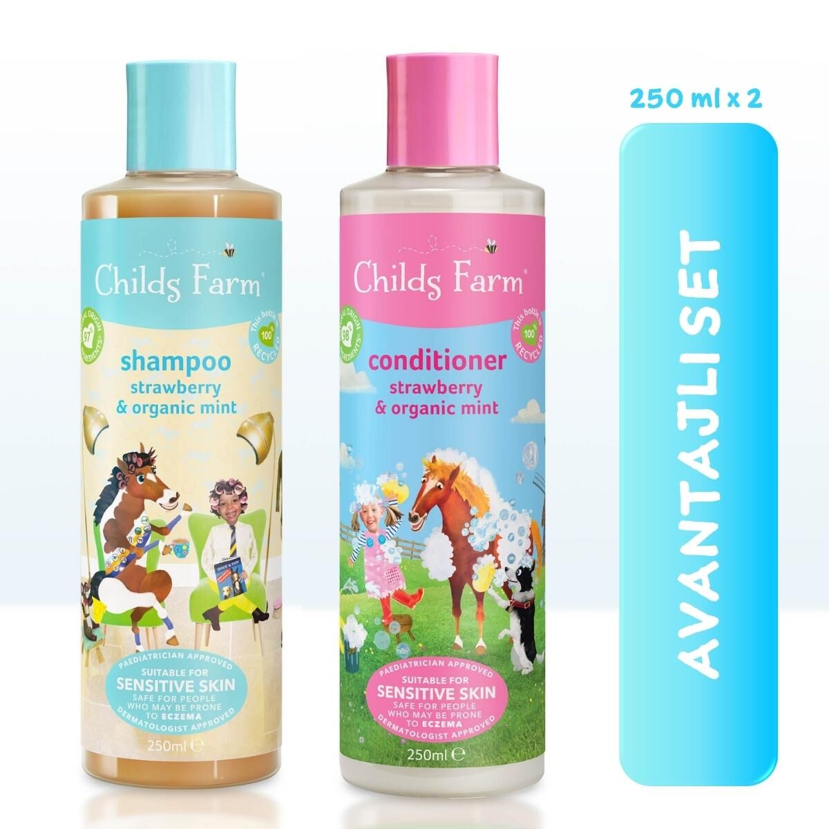 Avantajlı Paket 2'li Çilek ve Organik Nane Özlü Çocuk Şampuan ve Saç Kremi (250ml 2 adet)