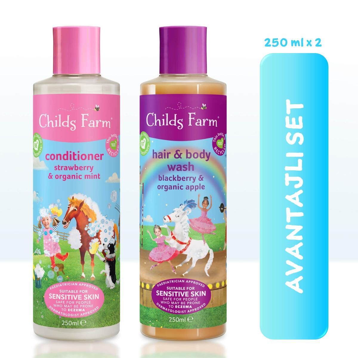 Avantajlı Paket 2'li Böğürtlen Özlü Çocuk Şampuan ve Çilek Özlü Saç Kremi (250ml 2 adet)