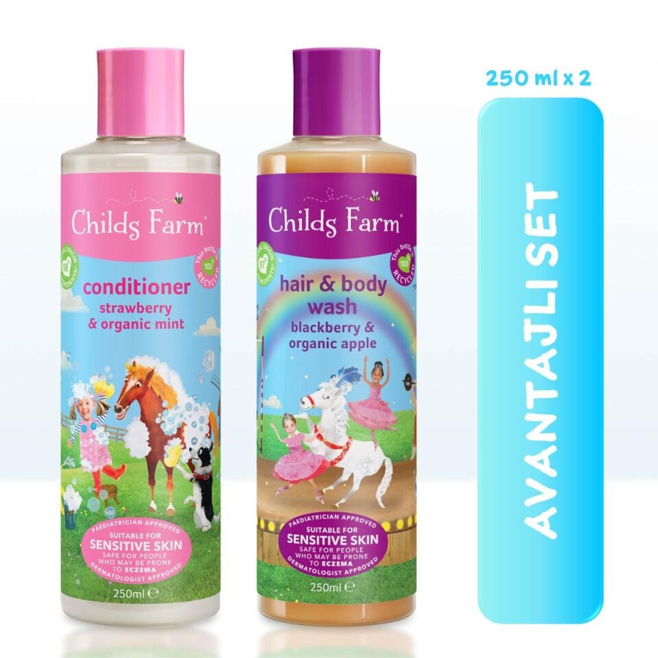 Avantajlı Paket 2'li Böğürtlen Özlü Çocuk Şampuan ve Çilek Özlü Saç Kremi (250ml 2 adet)