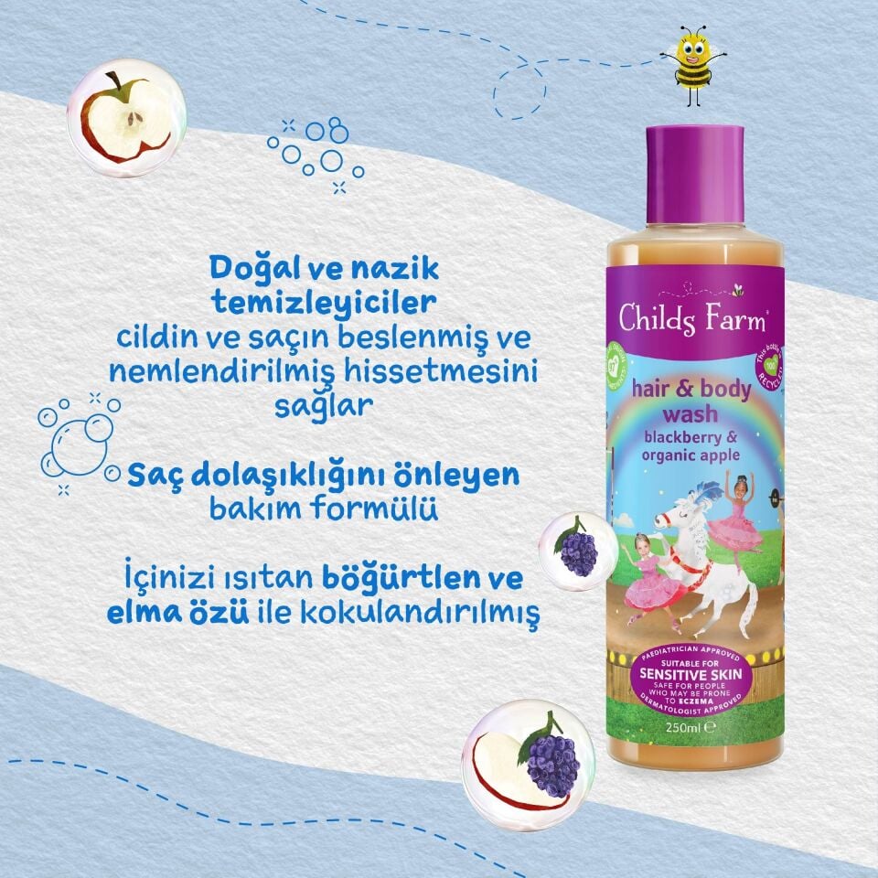Childs Farm Böğürtlen ve Organik Elma Özlü Çocuk Saç ve Vücut Şampuanı 500ml