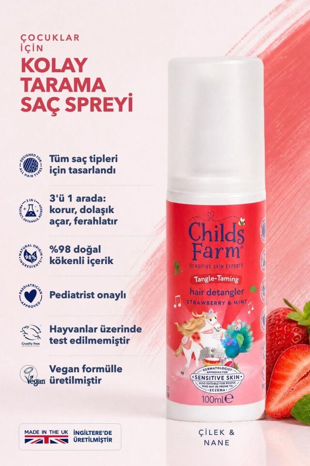 Childs Farm Çilek ve Organik Nane Özlü Kolay Tarama Çocuk Saç Spreyi 100 ml