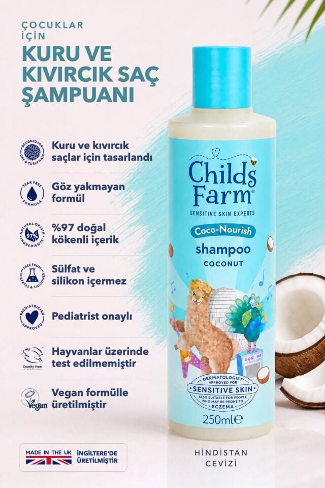 Childs Farm Kuru ve Kıvırcık Saçlar için Hindistan Cevizi Özlü Çocuk Şampuan 250 ml