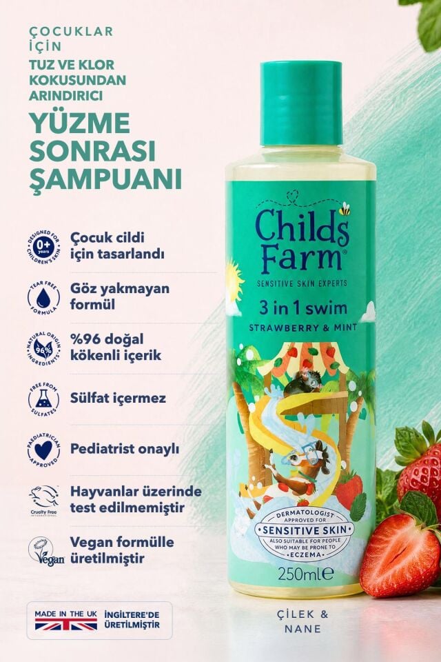 Childs Farm Çilek ve Organik Nane Özlü 3'ü 1 Arada Yüzme Sonrası Çocuk Şampuan 250ml