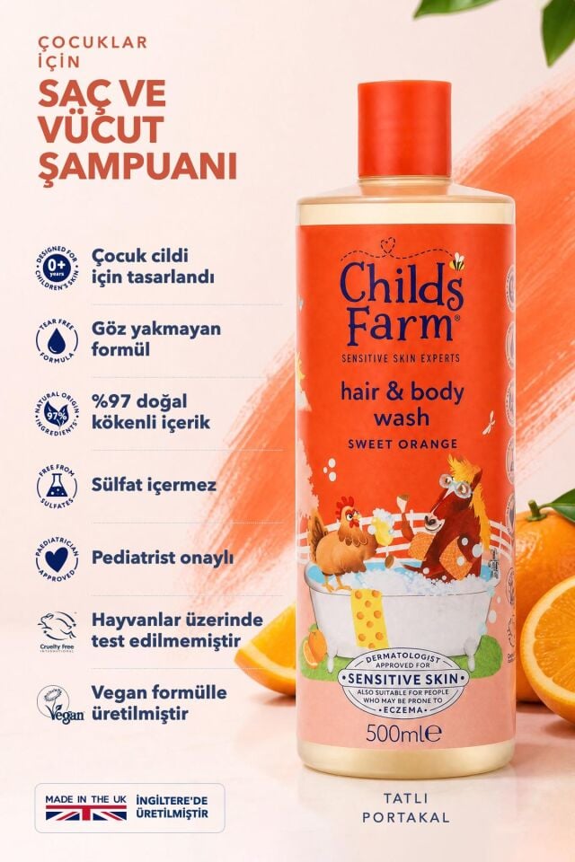 Childs Farm Organik Tatlı Portakal Özlü Çocuk Saç ve Vücut Şampuanı 500ml