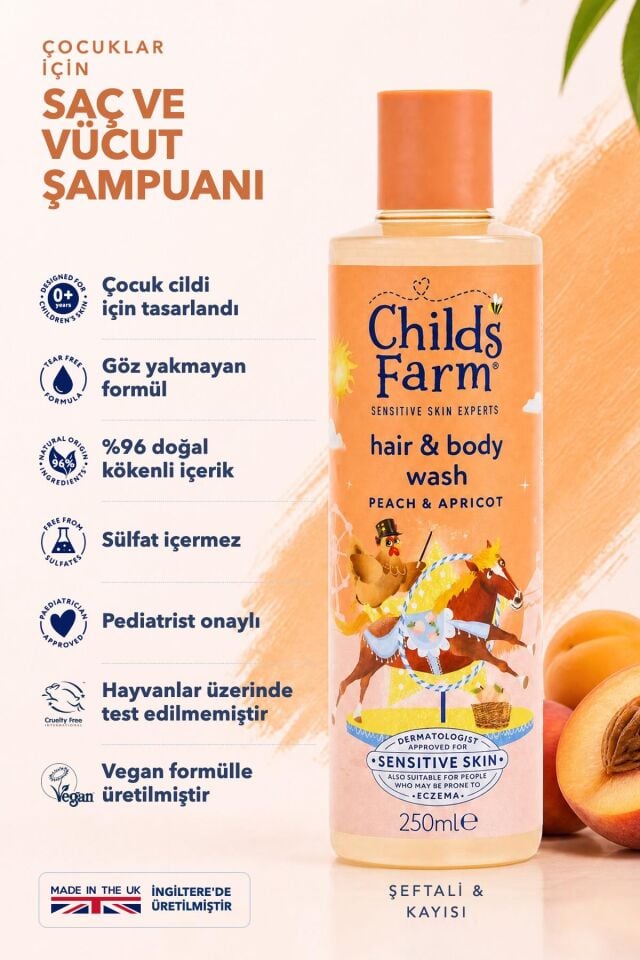 Childs Farm Şeftali ve Kayısı Özlü Çocuk Saç ve Vücut Şampuanı 250 ml