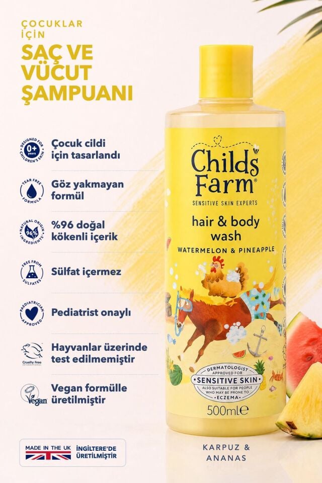 Childs Farm Karpuz ve Ananas Özlü Çocuk Saç ve Vücut Şampuanı 500 ml