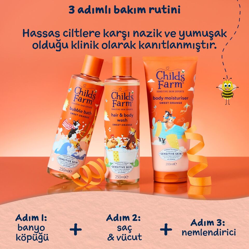 Childs Farm Tatlı Portakal Özlü Avantajlı 3’lü Günlük Bakım Seti – Saç ve Vücut Şampuanı + Nemlendirici + Banyo Köpüğü